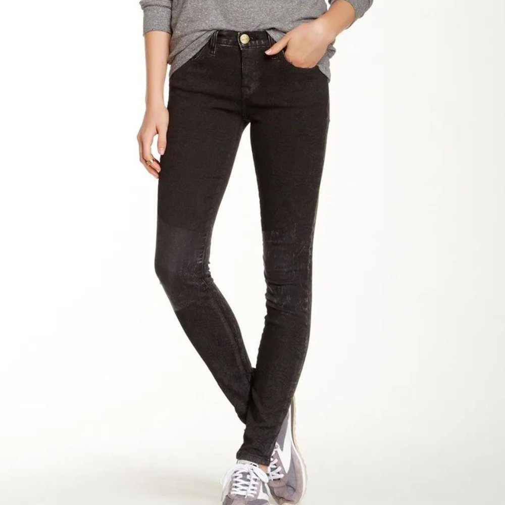 Current/Elliott Black Distressed Jeans with Placement Coating “The Ankle Skinny”